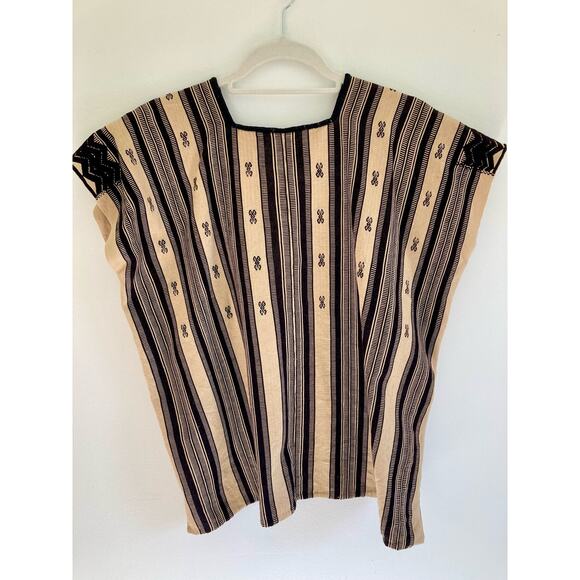Vintage Huipil Blouse Top ~ Striped & Embroidered Neutrals Black & Tan ~ Sz S M - Picture 6 of 6
